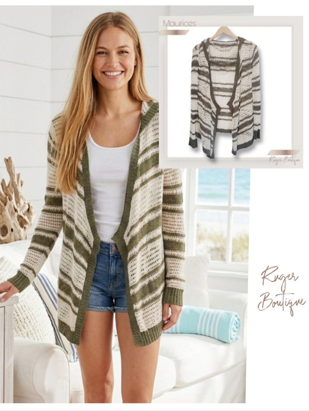 🌿Maurices Crochet Hooded Cardigan Medium Green Cream Striped Open Front Boho